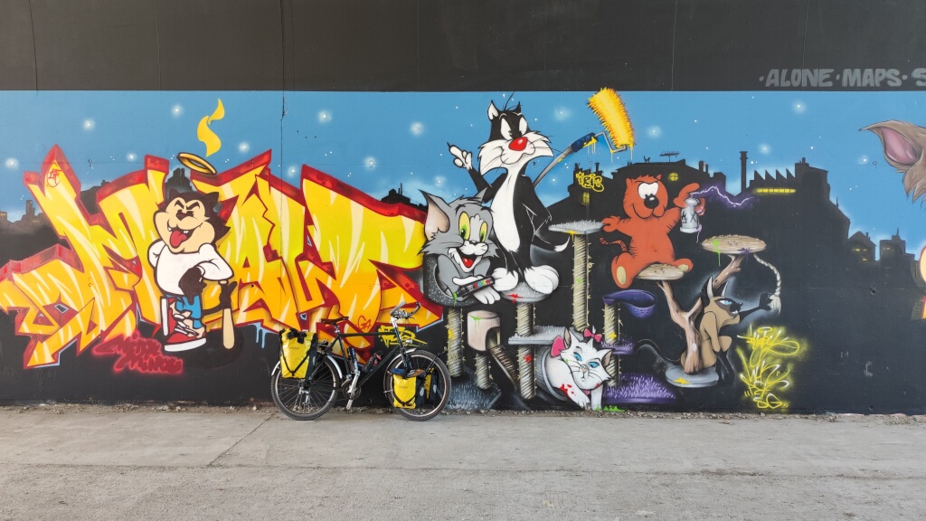 Street Art représentant divers chats de la culture populaire (Tom, Sylvestre, Hello Kitty...). Le vélo devant.