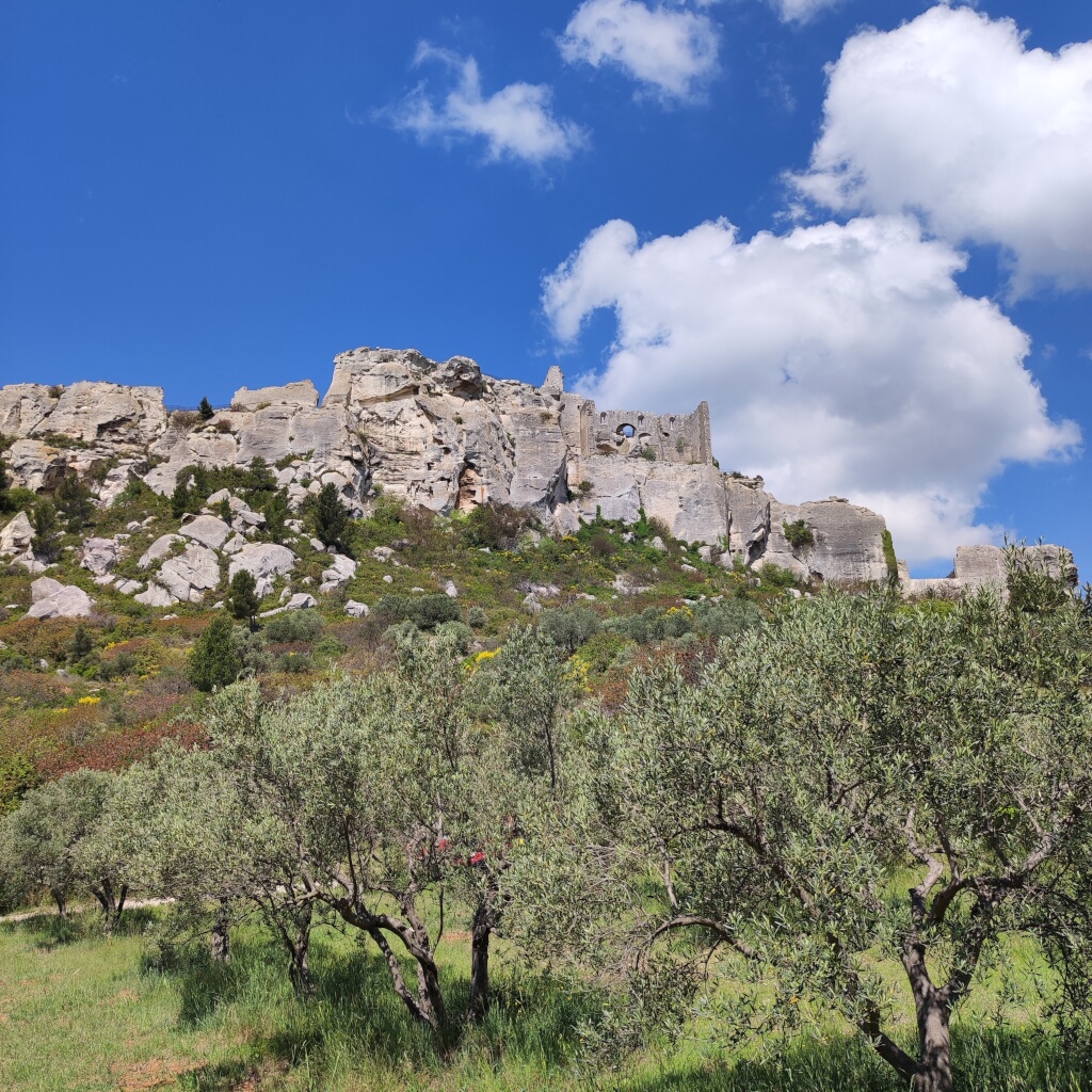 Remparts de pierre au sommet d'une colline derrière des oliviers.